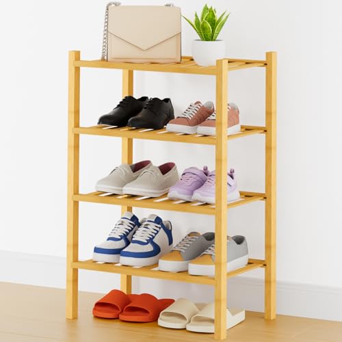 Smiry Bamboo Shoe Rack, 14 Vertical Slats, 4 Tier - 17.3" Wide, Natural | Stackable Free Standing Wooden Shoe Organizer, Wood Shoe Storage Shelf for Closet, Entryway, Thicher Leg - color: Natural, size: 17.32" Wide - 4 Tier - Thicker