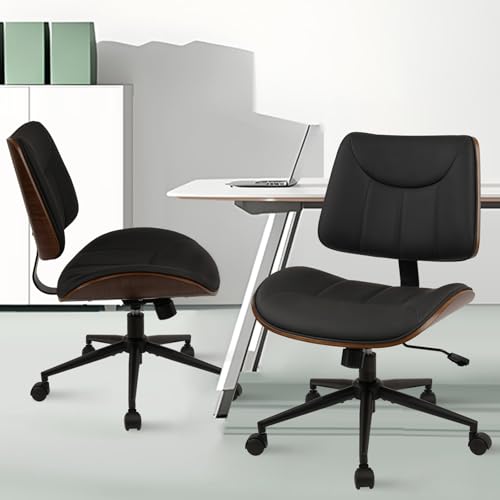 CLATINA Office Chair Armless with Wheels, Mid-Century Modern Walnut Desk Chair, Adjustable Height Reading Chair, PU Leather Mid Back & Swivel Computer Chairs for Home Meeting Room Bedroom, Black(2 PK) - color: Black Linear, size: 2 Pack