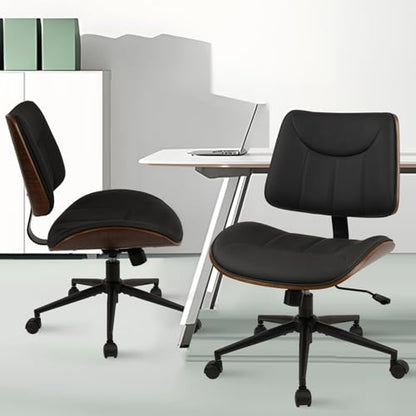 CLATINA Office Chair Armless with Wheels, Mid-Century Modern Walnut Desk Chair, Adjustable Height Reading Chair, PU Leather Mid Back & Swivel Computer Chairs for Home Meeting Room Bedroom, Black(2 PK) - color: Black Linear, size: 2 Pack