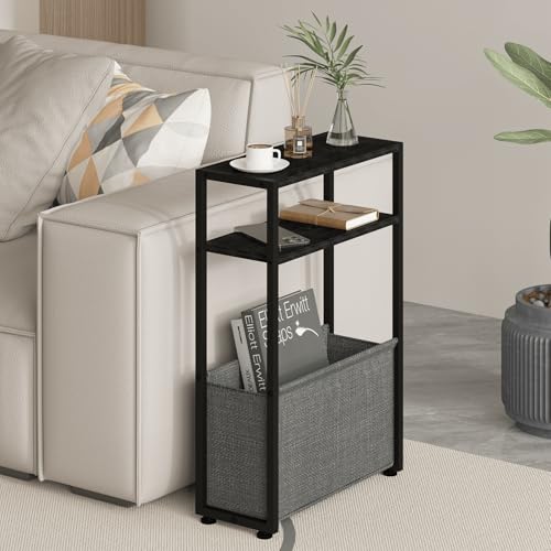 Leomonio Narrow Side Table, Slim End Tables with Fabric Basket, Skinny Table for Small Spaces, Thin Bedside Table for Living Room, Bedroom (1, Ebony Black + Slate Gray) - color: Ebony Black + Slate Gray
