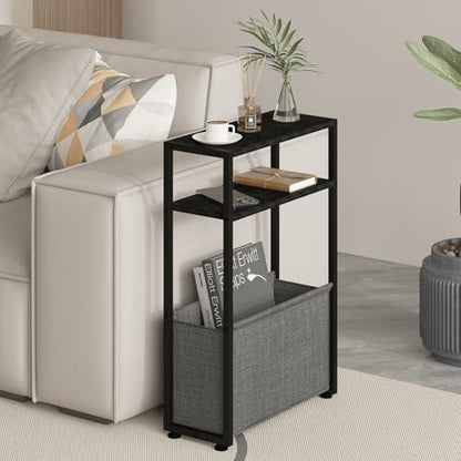 Leomonio Narrow Side Table, Slim End Tables with Fabric Basket, Skinny Table for Small Spaces, Thin Bedside Table for Living Room, Bedroom (1, Ebony Black + Slate Gray) - color: Ebony Black + Slate Gray