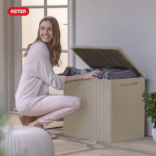 Keter City 30 Gal Outdoor Storage Box and Patio Side Table | Beige, Resin, Compact, Weatherproof, Lockable, Easy Assembly, Organization, Pool Accessories Storage - color: Beige