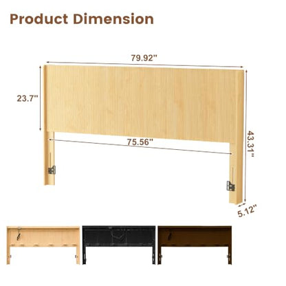 King Size Headboard Only with Outlets, 79.92" W Fluted Headboard, Mid Century Modern Boho Head Board with Storage&LED Lights, Natural - color: Natural, size: King