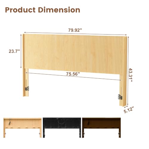 King Size Headboard Only with Outlets, 79.92" W Fluted Headboard, Mid Century Modern Boho Head Board with Storage&LED Lights, Natural - color: Natural, size: King