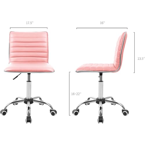 JUMMICO Armless Vanity Office Chair with Wheels, Small Cute Makeup Desk Chair Ribbed Leather Swivel Computer Task Chair (Pink) - color: Pink