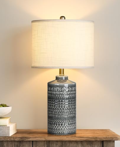 Modern Ceramic Table Lamp, 24.5" Living Room Lamps 3-Way Dimmable Gray Nightstand Lamp with White Shade|Tall Bedside Lamp Desk Decor Lamps for Bedrooms Farmhouse Office End Table Lamps(Bulb Included) - color: Gray