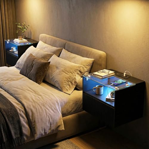 Arbuxzuy Floating Nightstand Set of 2 with Charging Station and Drawer | Black Modern Wall Mounted Bedside Table set owith Open Shelf, Floating Nightstand Made of Minimalist Wood & Glass for Bedrom