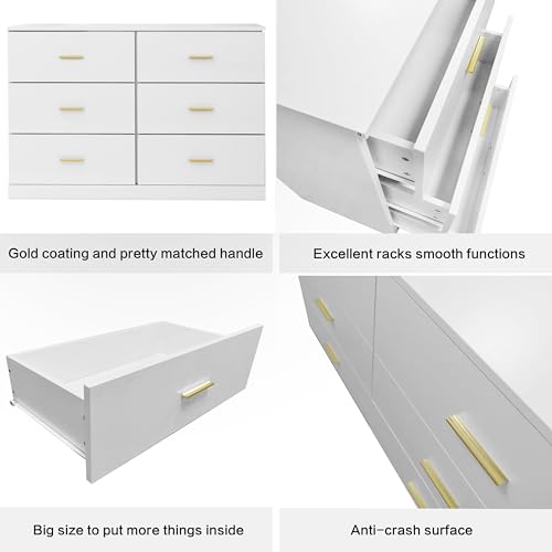 Modern White 6 Drawer Dresser with Gold Handles, 47" Chest of Drawers for Bedroom, Kids Room & Nursery, Wooden Storage Dresser for Girls Bedroom-1pc