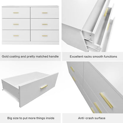 Modern White 6 Drawer Dresser with Gold Handles, 47" Chest of Drawers for Bedroom, Kids Room & Nursery, Wooden Storage Dresser for Girls Bedroom-1pc
