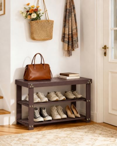 Amada 3 Tier Bamboo Shoe Rack Bench for Entryway, Living Room, Brown | 100% natural bamboo, 220 lbs weight capacity, thicker panels, triple screws for enhanced stability, holds 6 pairs - color: Brown