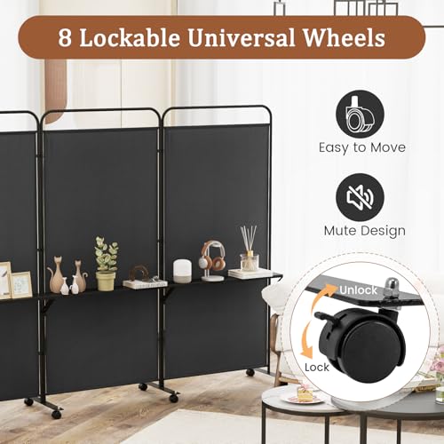 GOFLAME 3 Panel Room Divider with Storage Shelves, 6FT Folding Privacy Screen with Lockable Wheels, Portable Rolling Wall Divider, Freestanding Partition Screen for Room Separation, Black - color: Black