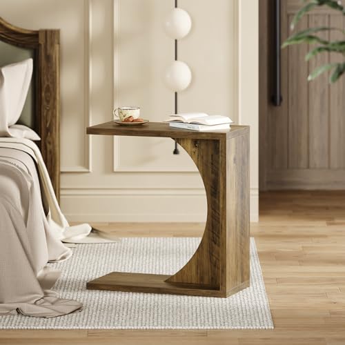LITTLE TREE C Shaped End Table for Sofa & Bedroom - Small Side Table for Living Room, Over Couch Tray Stand for Laptop, Snacks, Books, Brown, 1 Pack - color: Brown