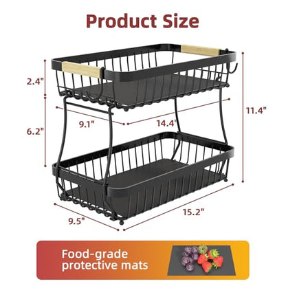 2-Tier Fruit Basket with Banana Hangers, Detachable Metal Bowl | Wooden handle, protective mats included. Versatile holder for bread, snacks, and veggies. Extra Large 2 tier metal design. - color: Black, size: 2 Tier Extra Large