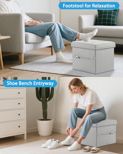 Ottoman with Storage,17 Inch Leather Folding Foot Rest Stool,Grey | Small Ottoman with Side Pockets, Thicker Foam Padded Seat, 17 * 13 * 13 Inch, Livingroom, Dorm, Bedroom, Entryway - color: Grey