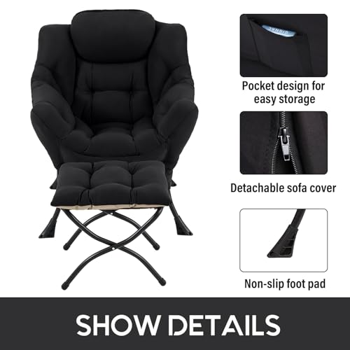 Lazy Chair with Ottoman, Comfy Accent Reading Chair, Black | Foldable Footrest,Removable Cover,with Armrests and Side Pockets,Upholstered Lounge Chair for Bedroom,Dorm,Office,Small Space - color: Black