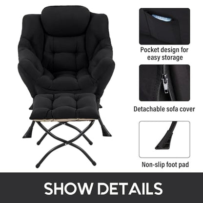 Lazy Chair with Ottoman, Comfy Accent Reading Chair, Black | Foldable Footrest,Removable Cover,with Armrests and Side Pockets,Upholstered Lounge Chair for Bedroom,Dorm,Office,Small Space - color: Black