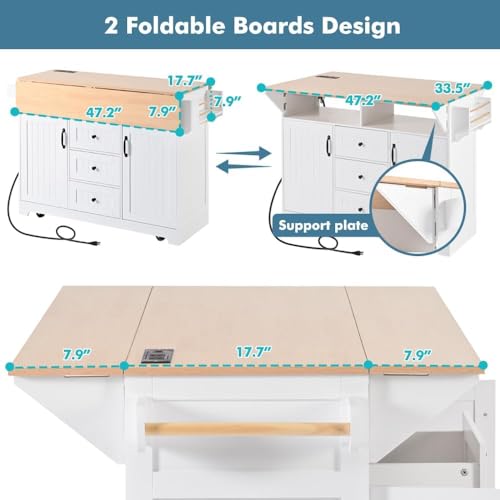 Kitchen Island with 2 Drop Leaf, Home Cart Island on Wheels Foldable Dining Table with Power Outlets,3 Drawers,Storage Cabinet, Tower Rack(White) - color: White