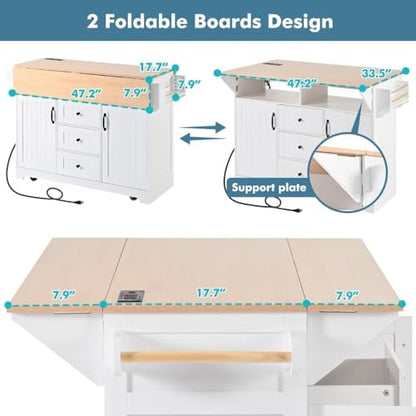 Kitchen Island with 2 Drop Leaf, Home Cart Island on Wheels Foldable Dining Table with Power Outlets,3 Drawers,Storage Cabinet, Tower Rack(White) - color: White