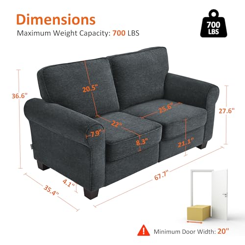 MCombo 67.7" Loveseat Sofa, 2-Seater Small Couch for Small Spaces, Classic Rolled Arm Upholstered Sofa with Solid Wood Legs for Living Room, Removable Cover, Chenille Fabric VE730 (Dark Grey) - color: Dark Grey