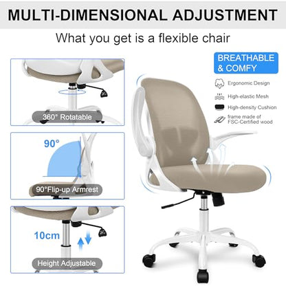 Office Chair Ergonomic Desk Chair with Flip up Armrests Swivel Breathable Desk Mesh Computer Chair with Adjustable Lumbar Support and Height for Conference Room (Khaki) - color: Khaki