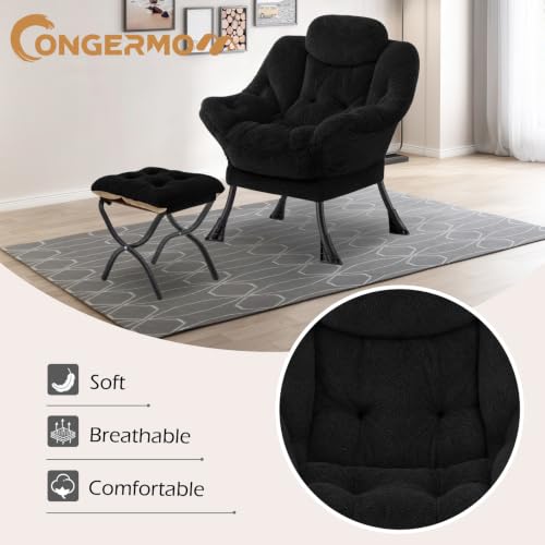 Lazy Chair with Folding Ottoman,Leisure Sofa Chair,Soft Fabric Armchair with Armrests and Side Pockets, Reading Chair with Footrest for Living Room, Bedroom, Office (Plush Black) - color: Plush Black