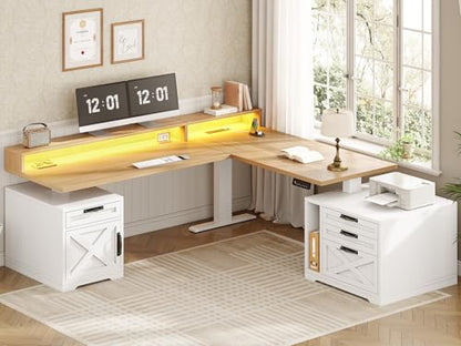 SEDETA Farmhouse L Shaped Standing Desk, 70.1" x 73.2" Height Adjustable Home Office Executive Desk with Drawers, Power Outlet, Monitor Stand, Sit Stand Table with Led Lights for Home Office, Oak - color: Oak