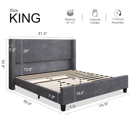 King Size Bed Frame with 50.8 Inch Corduroy Wingback Headboard, Gray | Modern Upholstered Platform Bed, Solid Wood Slats, No Box Spring Needed, Noise-Reducing Design - color: Grey, size: King