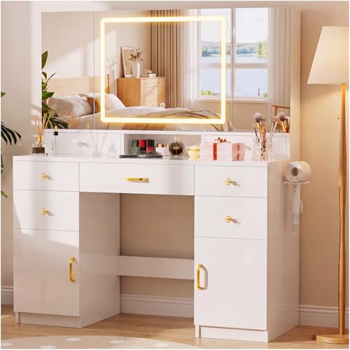 COMHOMA Vanity Desk with 3 Way Mirror and Lights, Large Makeup Vanity Table Set with Charging Station, 3 Lighting Modes & 360° View Mirror, 7 Drawers Dressing Table for Women Girls Bedroom, White - size: 7 Drawers