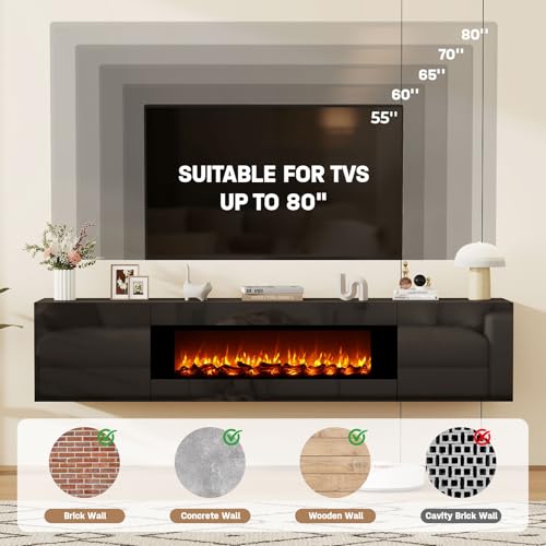 70" Wall Mounted Floating TV Stand with 36" Electric Fireplace, High Gloss Floating Entertainment Center TV Shelf for TVs Up to 80", Black Fireplace Media Console Table Floating TV Cabinet Living Room - color: Black, size: 70"-with fireplace