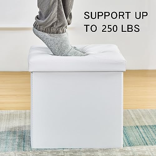 VECELO Storage Ottoman, Footrest Footstool, Folding Ottoman Small Square Cube Storage Chest for Living Room Utility Room Entryway, Holds up to 250 lb, 15 x 15 x 15 inches, White