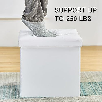 VECELO Storage Ottoman, Footrest Footstool, Folding Ottoman Small Square Cube Storage Chest for Living Room Utility Room Entryway, Holds up to 250 lb, 15 x 15 x 15 inches, White