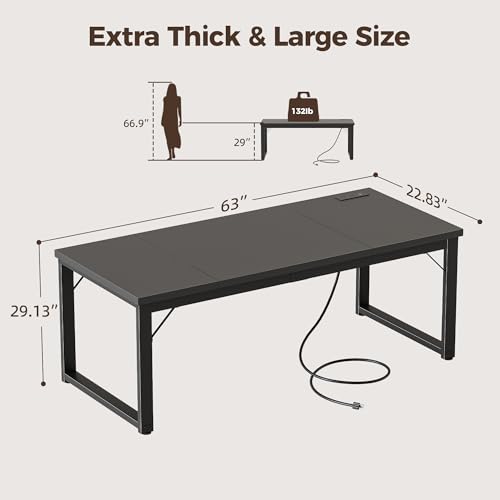 63 Inch Computer Desk with Power Outlets, 1.2" Thick Office Table | Modern Simple Style, Heavy Duty Industrial Frame, Large Study & Writing Table for Home Bedroom Work, Black - color: Black, size: 63*23,1.2"T