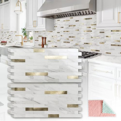 StyloVue 20 Sheets Peel and Stick Backsplash for Kitchen, Sparkle White Marble Look with Gold Metal, Glossy Finish, Stick on Tile for Kitchen Backsplash, RV, Fireplace - color: Sparkle White Marble