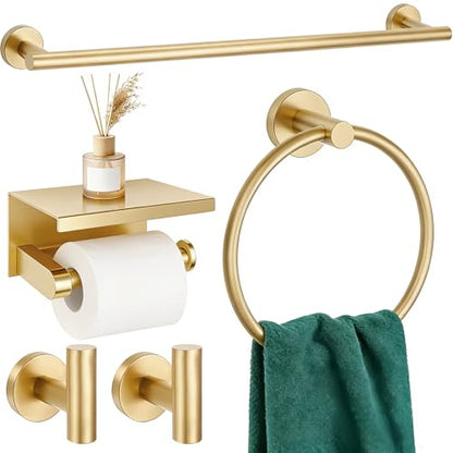 5 Pieces Bathroom Hardware Accessories Set Brushed Gold, 24Inch Bathroom Towel Rack Set SUS304 Stainless Steel, Round Toilet Paper Holder with Shelf Heavy Duty, Wall Mounted - color: Brushed Gold, size: 5 Pieces 24" A