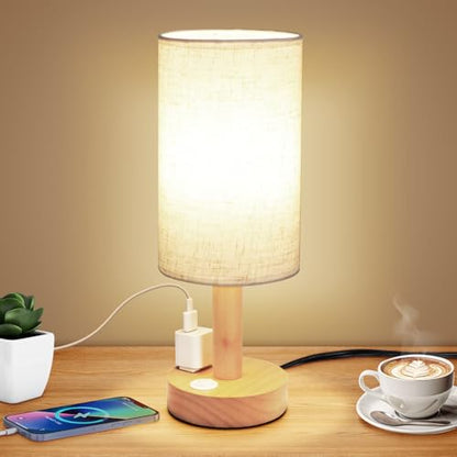 Small Bedside Table Lamp with AC Outlet, Natural Wood Base & Linen Shade, Mini Cute Cozy Warm White Nightstand Boho Lamp, Study Desk Night Stand Light for Bedroom, Kitchen, Nursery, Living Room - size: Round - AC Outlet - Set of 1