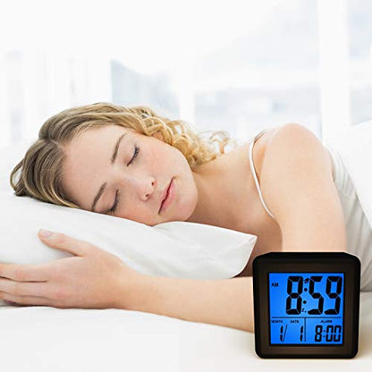 Plumeet Digital Alarm Clock Kids Alarm Clock with Snooze and Nightlight - Easy Setting Silicone Clock Display Time, Date - Loud Alarm Clock for Bedroom - Battery Powered (Black) - color: Black