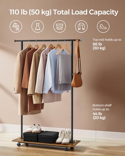 SONGMICS Clothes Rack with Wheels, Clothing Rack for Hanging Clothes, 38.8 Inches Metal Garment Rack with Shelf, Loads up to 110 lb, for Bedroom, Closet, Rustic Brown and Ink Black UHSR151B01 | Clothing Rack for Hanging Clothes, 38.8 Inches, Loads up to 1