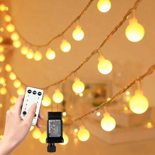 RaThun 49.2ft Globe String Lights with Remote for Indoor Bedroom Warm White | 100 LED Fairy Lights with Timer, 8 Modes, 16ft Extended Lead, Linkable for Bedroom,Dorm,Classroom,Christmas,Indoor Decor - size: 49.2ft Warm White Plug In String Lights