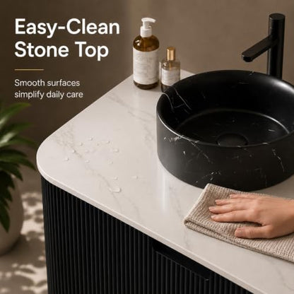 24" Floating Bathroom Vanity with Sink, Wall Mounted Plywood Cabinet, Black Fluted Front, Sintered Stone Countertop, Black Marble-Look Round Ceramic Vessel Sink, Soft-Close Drawer, Pre-Assembled - color: Black Cabinet / Black Marble Sink, size: 24 Inch