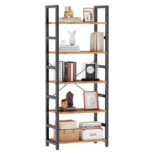 DUMOS 5-Tier Bookshelf, Modern Tall Bookcase Book Shelf | Open Storage Display Shelf for Living Room, Bedroom, Home Office, Narrow Standing Shelving Unit for Books, CDs Rustic Brown - color: Rustic Brown, size: 5 Tier