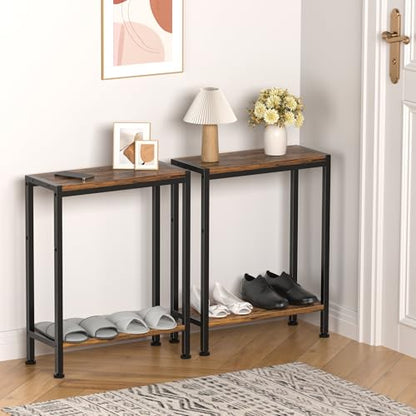 Narrow Side Table set of 2 for Small Space, 2-Tier Slim End Table, Thin Nightstand, Skinny Snack Couch Table, Sofa bedside Table in Living Room, Bedroom, Study, Kitchen and Balcony (Rustic Brown) - color: Rustic Brown, size: 2-Tier (7.9''D*17''W*22.8''H)