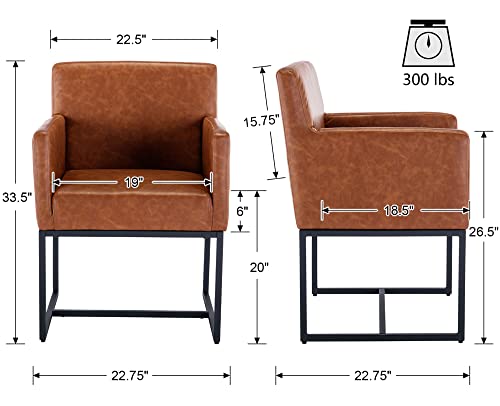 Faux Leather Upholstered Dining Chairs with Arms Set of 2, Mid Century Modern Padded Kitchen Chair with Black Metal Frame for Restaurant, Dining Room, Brown - color: Brown