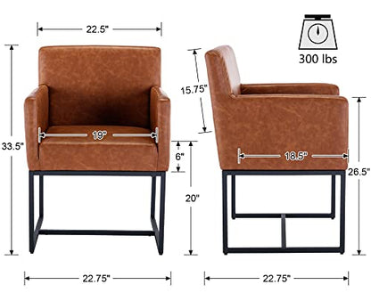 Faux Leather Upholstered Dining Chairs with Arms Set of 2, Mid Century Modern Padded Kitchen Chair with Black Metal Frame for Restaurant, Dining Room, Brown - color: Brown