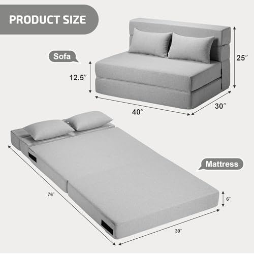 SUYOLS Folding Sofa Bed with Pillows- Convertible Chair Floor Couch & Sleeping Mattress, Foldable Memory Foam Sleeper for Living Room/Dorm/Guest Room/Home Office/Apartment/Loft, Twin, Light Gray - color: Light Gray, size: Twin