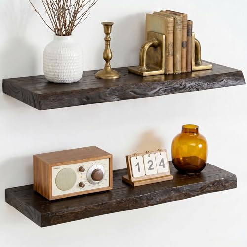 Dreamland 24 Inch Floating Shelves, Rustic Elm Wood Live Edge Wall Shelf for Home Decor, 8 Inch Deep Floating Shelf for Wall, 24 x 8 Bathroom Shelves Set of 2, Walnut Color - color: Walnut, size: Live Edge - 24"L