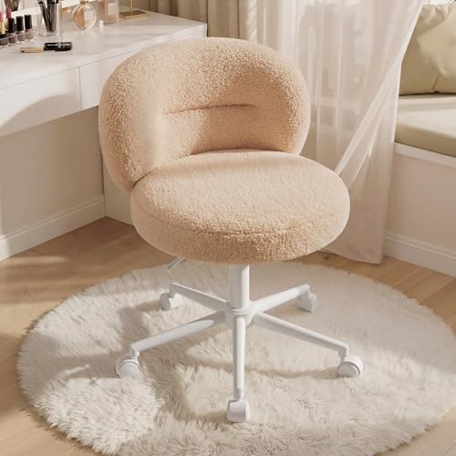 Homkdom Round Vanity Chair with Silent Wheels, 17.32" Wide Seat | Height Adjustable, 360 Swivel & Smooth Rolling, Armless Design for Makeup and Study - Yellow - color: Yellow