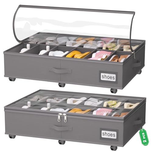 Under Bed Shoe Storage with Wheels, Fits 24 Pairs, Rolling Shoe Organizer with Bottom Support & Clear Lids, Sturdy Under Bed Storage Box for Shoes, Set of 2, Grey - color: Grey
