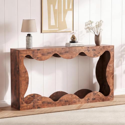 GarveeLife Farmhouse Scalloped Console Table, 63 Inch Narrow Slim Sofa Table Behind Couch with Open Storage Shelf, Rustic Entryway Hallway Table for Entrance Living Room Small Apartment - color: Brown