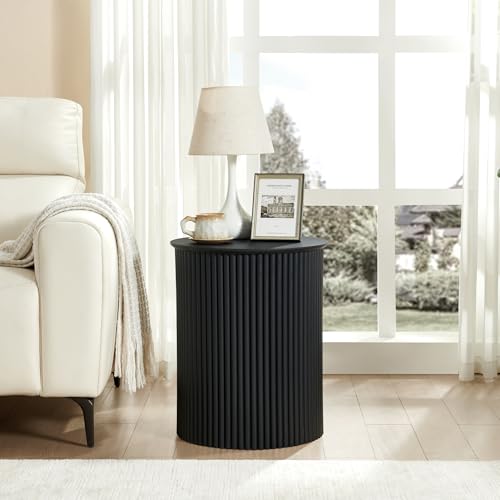 Round Fluted Side Table Set of 2, 17.7" Mid-Century Modern End Tables, Wooden Bedside Table Round Nightstand Small Circle Sofa Accent Table for Living Room, Bedroom Home(Black) - color: Black, size: 17.7"D x 17.7"W x 21.6"H