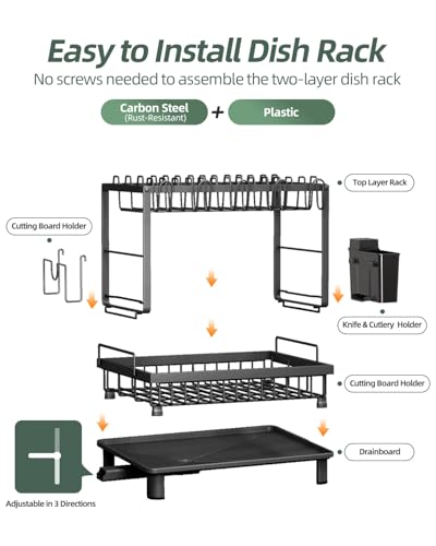 Dish Drying Rack, 2 Tier Space-Saving Dish Rack, Multifunctional Dish Drainer for Kitchen Counter with Drainboard/Utensil/Cup Holder Rustproof Carbon Steel, Black - color: Black